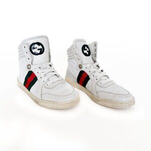 Gucci Coda High Top Web Stripe Sneakers EU 37 US 7 White Leather GG Mid Lace Up